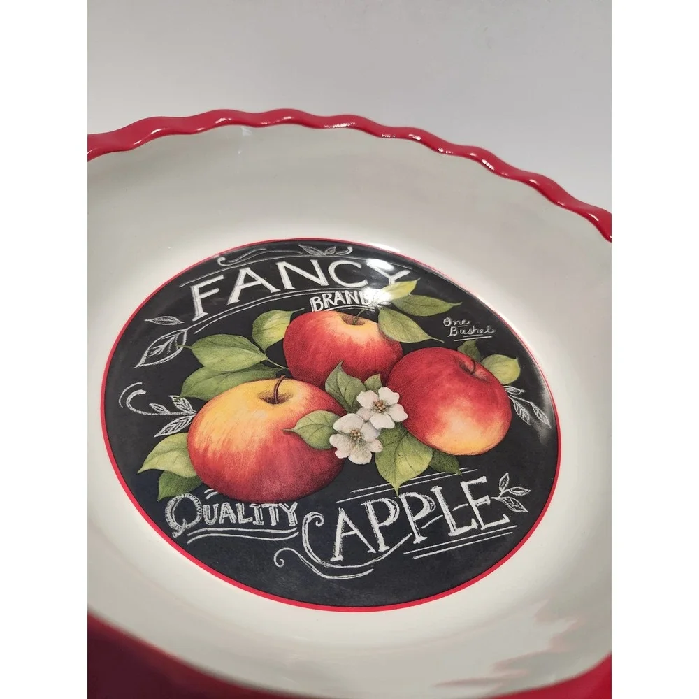 Cracker Barrel Fancy Brand Apple Ceramic Pie Dish Red‎ Ruffled Rim Black 10.5 in
